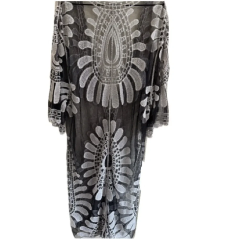 Boho Sheer Embroidered Kimono Cover Up Black White One Size - Picture 3 of 7
